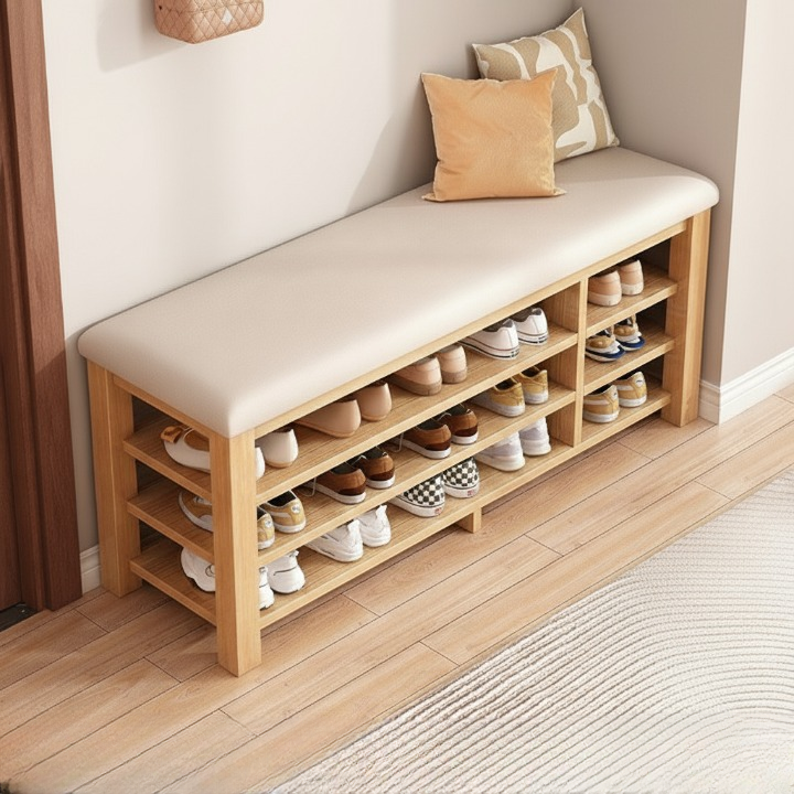 مقعد مدخل طويل مع تنظيم فعال للأحذية