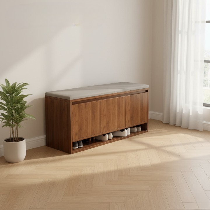 خزانة أحذية خشبية مع مقعد مريح